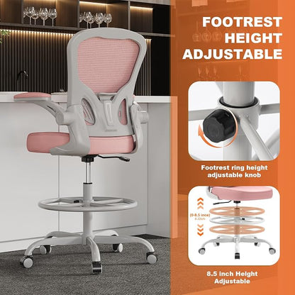 Synorla Ergonomic Drafting Chair, Tall Mesh Office Chair with Flip-up Armrests, Lumbar Support & Adjustable Footrest Ring for Standing Desk Gray Pink