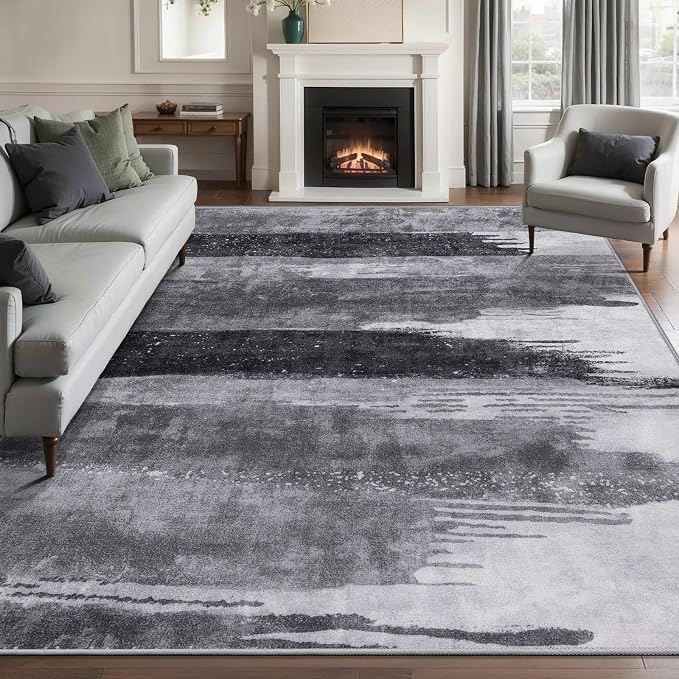 Ciicool Modern Abstract Rug for Living Room, 5'x7' Machine Washable Area Rug Non-Slip Rug, Low-Pile Contemporary Indoor Dining Floor Carpet for Bedroom Office Under Table Home Decor Grey Black