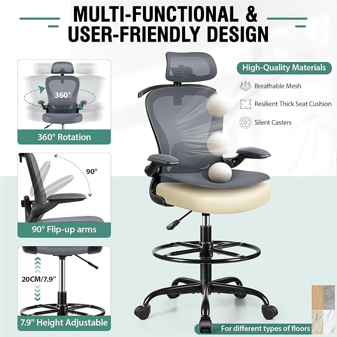 Drafting Chair, Tall Office Chair with 3D Lumbar & Head Support, Ergonomic Mesh Standing Desk Chair with Footring, Comfy Extended High Desk Chair with Flip-Up Arms & Hanger,Dark Gray