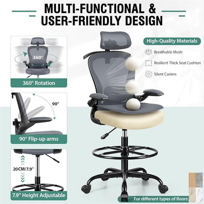 Drafting Chair, Tall Office Chair with 3D Lumbar & Head Support, Ergonomic Mesh Standing Desk Chair with Footring, Comfy Extended High Desk Chair with Flip-Up Arms & Hanger,Dark Gray