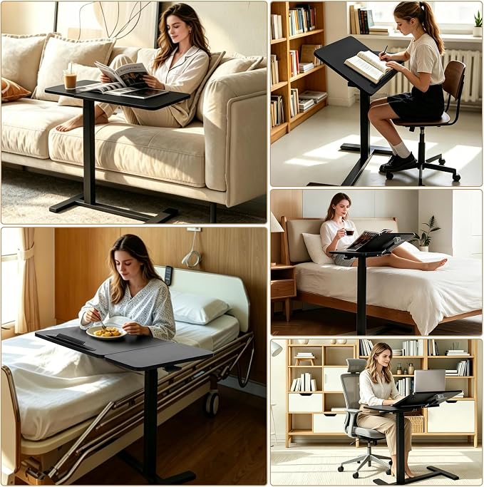 Adjustable Overbed Table with Tilt Board & Wheels, Rolling Bedside Laptop Desk for Hospital Bed Home Office, Height Adjustable Tray for Eating Working Reading, 26.18"-42.12" (Black)