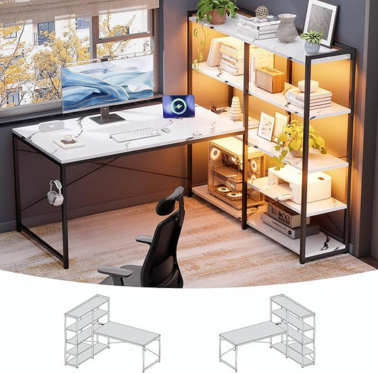Pamray L Shaped Computer Desk with Reversible Side Storage Shelves, 49 Inch Gaming Desk with Power Outlets and Led Lights, PC Table for Home Office and Bedroom Marble