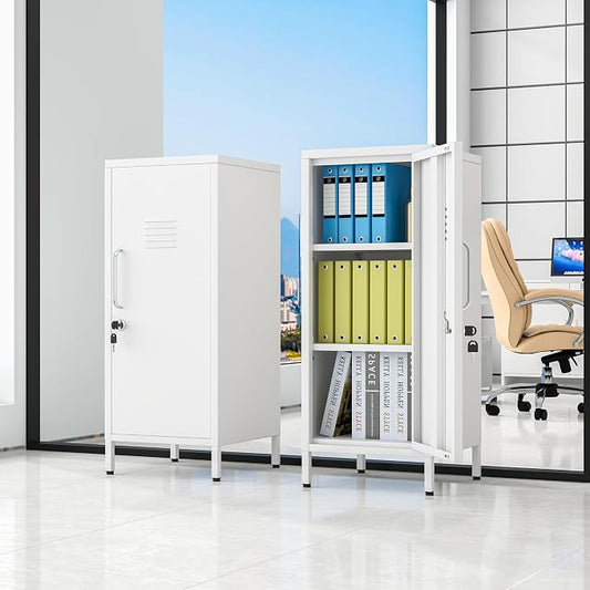 pozdeg 35.43" Metal Storage Locker with Lockable, Metal Steel Locker for Employees with 1 Door ＆ 2 Adjustable Shelves, Small Locker Storage Cabinets for Home, School, Office, Gym (White)