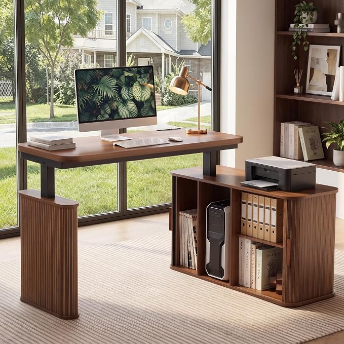 L Shaped Standing Desk with Storage, 47" Electric Desk Height Adjustable Executive Desk with Drawers, Sliding Door Wood Desk Office Sit Stand up Desk for Work, Study, Writing, Walnut