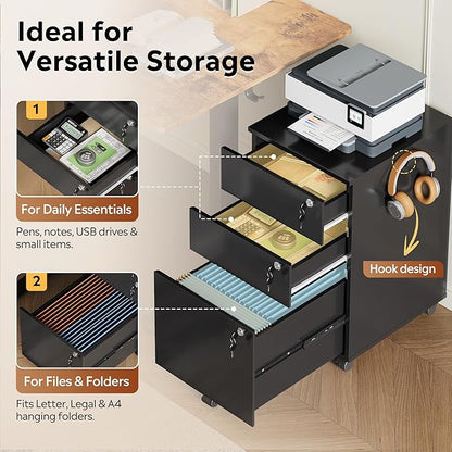 DEVAISE 3 Drawer File Cabinet with Individual Locks, Black | Wood Filing Cabinet for Home Office, Mobile Printer Stand with Wheels, Under Desk Storage for Letter/A4/Legal Size
