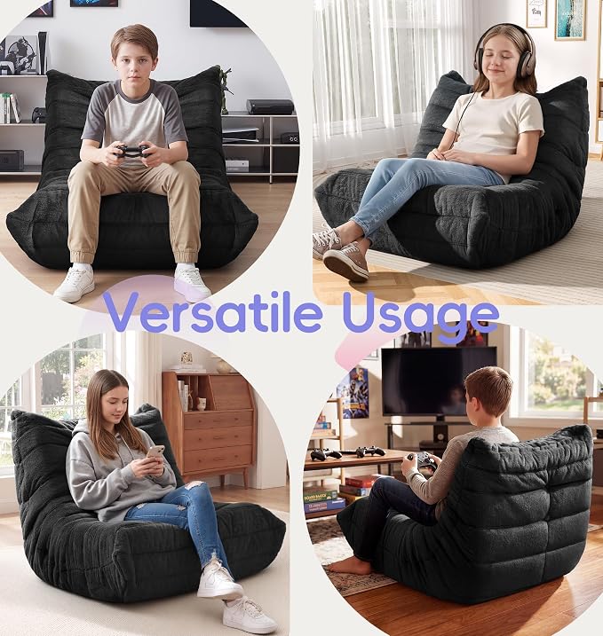 Hobestluk Medium Bean Bag Chair Faux Fur Fabric BeanBag Couch for Playroom | Black Plush,Ergonomic Design,Memory Foam,Strong Supportive,No Assembly Required,Decorative Style for Living Room Bedroom