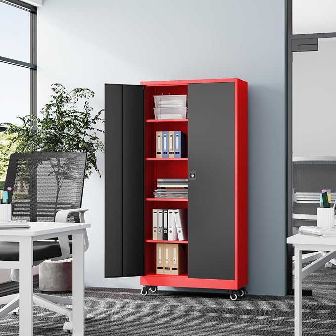 Fesbos Metal Rolling Storage Cabinet-74.6” Tall Steel File Cabinets with Wheels Lockable Doors and Adjustable Shelves-Black & Red Steel Storage Cabinet for Home, School, Office, Garage