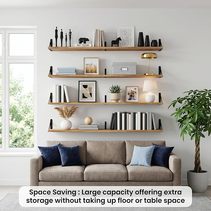 Long Wall Shelf,Large Floating Shelves for Wall,Wood Floating Bookshelves Hanging,Book Storage Display for Living Room Bedroom Office Bathroom Decor,4 Pack,36 Inch,Carbonized Black