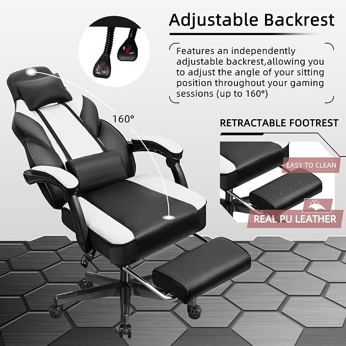 Shintenchi Gaming Chair,Video Game Chair with footrest and Massage Lumbar Support,Height Adjustable Game Chair with 360°Swivel Seat Ergonomic Computer Chair with Headrest for Office or Gaming(White)