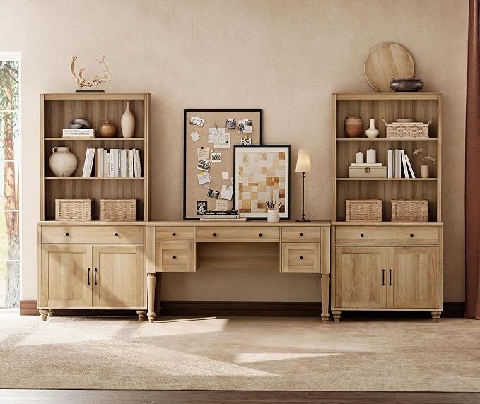 WAMPAT Home Office Furniture Set, 56'' Executive Desk with Charging Station, 72" Tall Bookcase with 4 Doors and 2 Drawers, Wood Computer Desk with File Cabinet Storage, Open Shelf, Oak