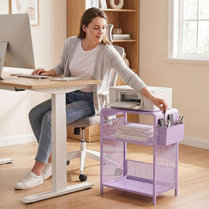 ECOLOVI 3 Tier Printer Stand for Under Desk, Height Adjustable Shelf Small Printer Table with 3 S-Hooks & Basket, Heavy Duty Industrial Storage Shelf for Home Office (Purple Metal)
