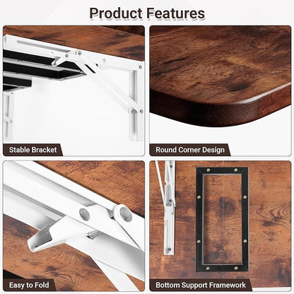 Neoaider Wall Mounted Folding Desk 35.4” x 15.7”, Drop Down Table with Metal Collapsible Brackets, Folding Wall Table for Small Spaces, Home, Office, Kitchen, Laundry Room-Brown