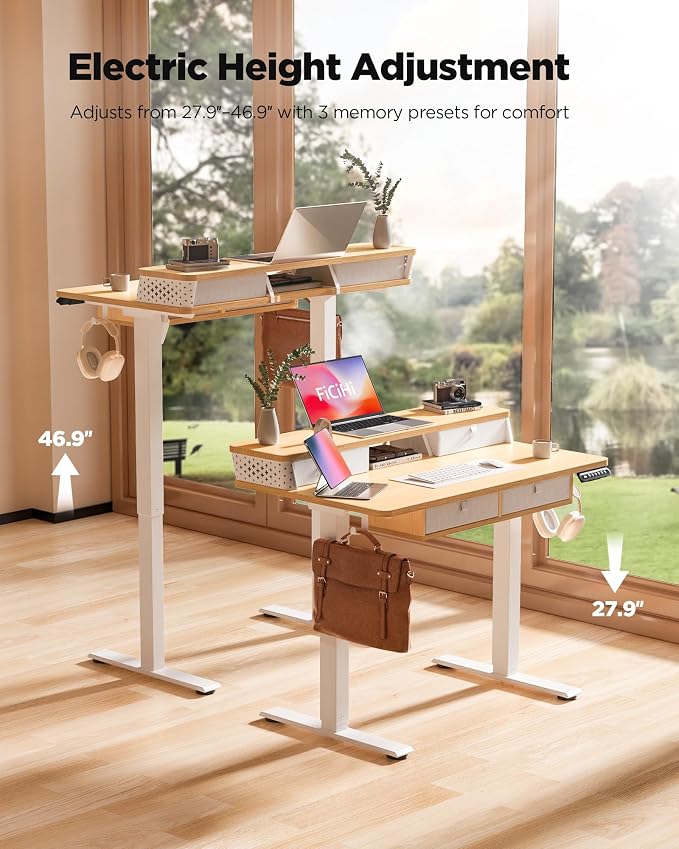FiCiHi Electric Standing Desk with Four Drawers, 40 x 24 Inch Adjustable Height Sit Stand Desk, C-Clamp Compatible Home Office Desk with Storage Shelf & Monitor Stand Riser, Maple