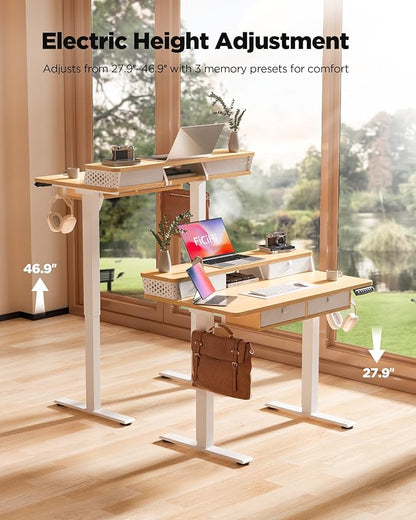 FiCiHi Electric Standing Desk with Four Drawers, 40 x 24 Inch Adjustable Height Sit Stand Desk, C-Clamp Compatible Home Office Desk with Storage Shelf & Monitor Stand Riser, Maple