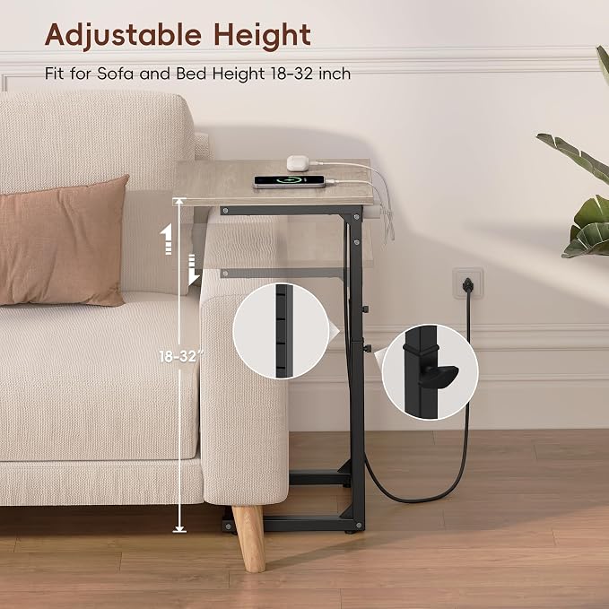 Vagusicc C Shaped End Table with Charging Station, Adjustable Height Side Table for Couch, C Table End Table Couch Table that Slide Under, Sofa Table TV Tray Arm Tables for Living Room, Bedroom, Gray