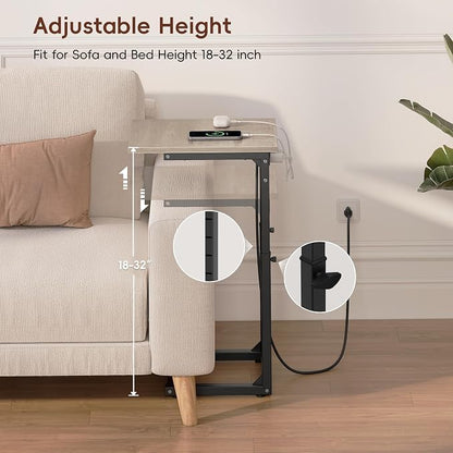 Vagusicc C Shaped End Table with Charging Station, Adjustable Height Side Table for Couch, C Table End Table Couch Table that Slide Under, Sofa Table TV Tray Arm Tables for Living Room, Bedroom, Gray