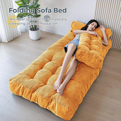 MAXYOYO Folding Sofa Bed, Convertible Chair with Pillow Foldable Couch with Back Support, Portable Fold Out Chair Bed Comfy Floor Sofa Lounge for Living Room Bedroom, Orange, Single