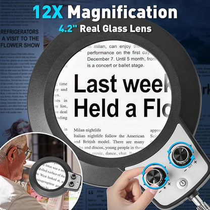 KIRKAS 12X Magnifying Glass with Light and Stand, Overhead Knob Magnifying Lamp for Workbench Craft, Sewing, 2-in-1 Lighted Magnifier Real Glass Lens Stepless Dimming and Color(9.06IN Base & Clamp)
