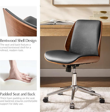 HULALA HOME Faux Leather Home Office Chair with Bent Wood Design & Rocking Tilt Function, Modern Swivel Desk Chair with Adjustable Height, Comfy Upholstered Armless Computer Task Chair, Black
