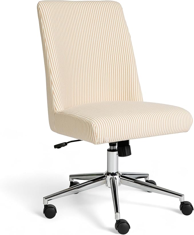 Martha Stewart Maeve Swivel Task Chair with Height Adjustable Seat for Home Office in Beige Stripe Fabric with Polished Nickel Frame