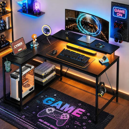 Pinmoco 42" Reversible L-Shaped Desk, Gaming Desk with LED Lights, Monitor Stand, Cup Holder and Headset Hook, Corner Work Station for Home Office, Study and Small Spaces, Carbon Fiber Black | corner desk fits small spaces, monitor stand, cup holder, h...