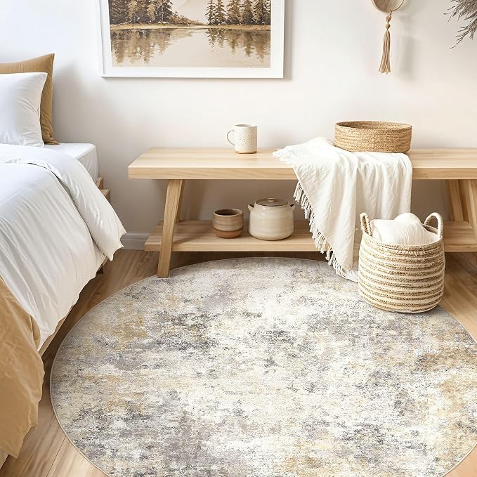 UERMEI 6ft Round Area Rug Living Room Rugs - 6x6 Washable Neutral Modern Abstract Soft Thin Rug Indoor Floor No Slip Rug Carpet for Bedroom Under Dining Table Home Office Decor - Golden Grey