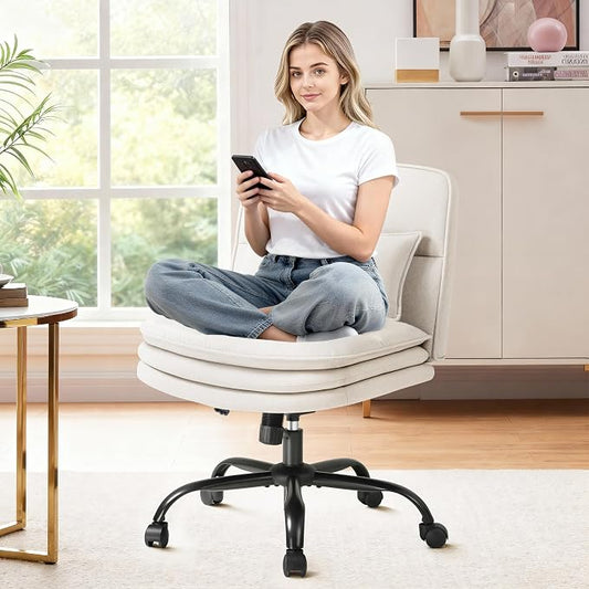 Furmax Criss Cross Legged Office Chair with Wheels, Armless Extra Wide Seat Swivel Desk Chair, Adjustable Height Comfy Task Chair with Thick Cushion for Home Office Bedroom Vanity (Fabric, Beige)