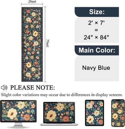 DUKINO Runner Rug, 2x7 Boho Kitchen Rug for Hallways with Low Pile Design, Washable Non Slip Backing Soft Floral Runner for Kitchen, Hallway, Entryway, Bedroom, Laundry, Navy Blue