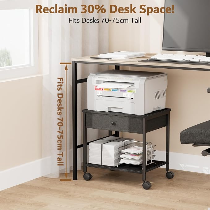 Homleke 2-Tier Under Desk Printer Stand with Drawer, Mobile Printer Table with Lockable Wheels, Heavy Duty Metal Frame & Wood Shelf, Fits Printers/Scanners/Fax Machines – Black, 15.7" Lx11.8 Wx15.7 H
