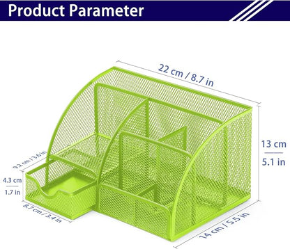 Boutilon Mesh Desk Organizer Desktop Office Supplies Stationary Organizer with 6 Compartments and 1 Drawer Multi-Functional Caddy Pen Holder for Home Office School Desk Decor(Fruit Green)