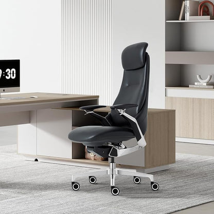 Ergonomic Executive Leather Office Chair-High Back Top Grain Leather with Adjustable Headrest, 3-Position Recline (90°-135°), Tension Control & Height Adjustment, Italian DONATI Base