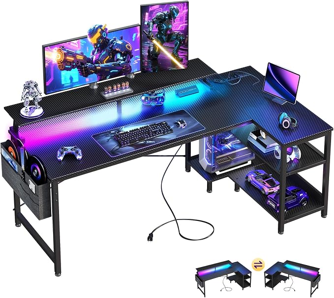 ODK 58 Inch Gaming Desk with USB Charging Ports and LED Lights, Reversible L Shaped Computer Desk with Storage Shelves & Monitor Stand, Corner Gamer Desk Table with Power Outlets, Black