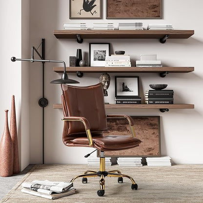 HULALA HOME Faux Leather Home Office Desk Chair, Adjustable Swivel Computer Chair with Golden Legs and Arms, Comfy Upholstered Task Chair, Brown