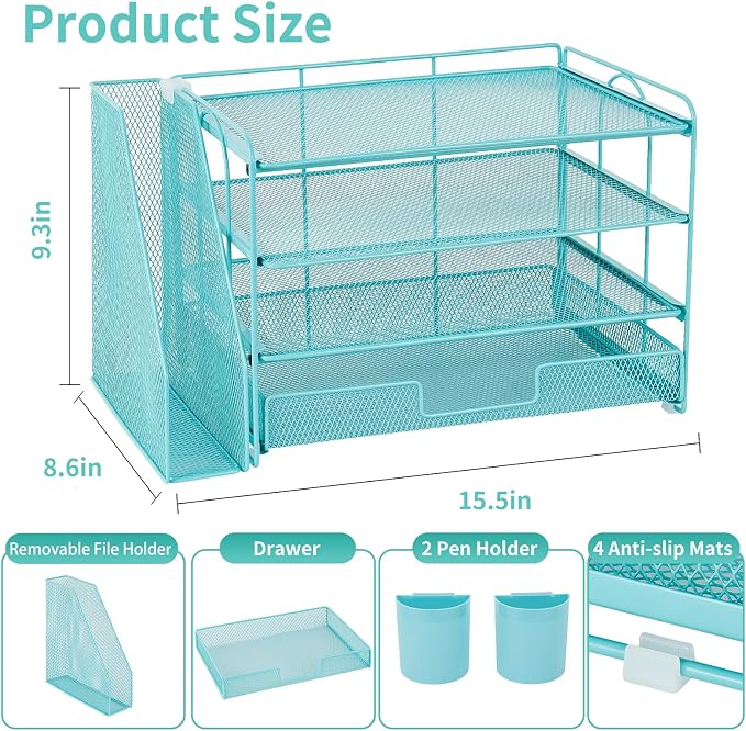 OPNICE Desk Organizer, 4-Tier Desktop File Organizer with Drawer and 2 Pen Holders, Office Desk Accessories, File Sorters, Workspace Organizers for Office Supplies(Teal Blue)