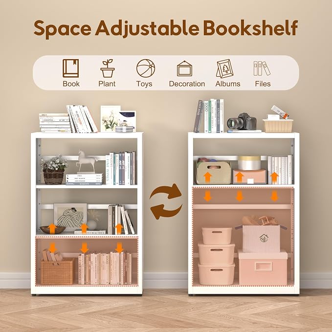 UNICOLY Bookshelves and Bookcases, 3 Tier Metal Bookshelf with Adjustable Shelves and Bookends, Open Shelf Bookcase, Display Shelves for Home Decor Bedroom, Living Room, Home Office, White