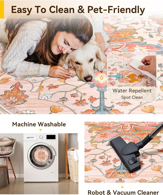 RELEANY Area Rugs Round 6ft Washable Non-Slip, Floral Vintage Distress Medallion Carpet for Living Room Bedroom Dining Room, Light Pink Colorful