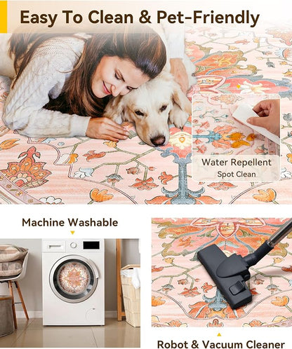 RELEANY Area Rugs Round 8ft Washable Non-Slip, Floral Vintage Distress Medallion Carpet for Living Room Bedroom Dining Room, Light Pink Colorful