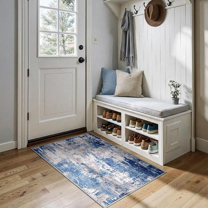 RELEANY Washable Area Rugs 3x4 Non-Slip Modern Abstract Soft for Living Room Entryway Bedroom Kitchen, Print Pattern, Blue Grey Navy Gray