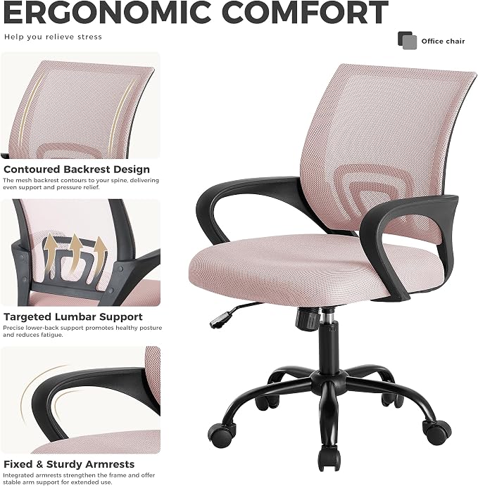 OLIXIS Office Desk Chair - Ergonomic Mid Back with Lumbar Support & Rocking Mode, Height Adjustable with Fixed Armrest, for Home, Computer, Gaming, Conference, Meeting Room, 360° Swivel, Pink, 2 Pack