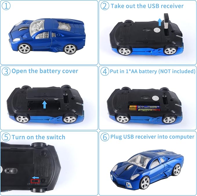 CHUYI Cool Sports Car Shaped Wireless Mouse 1600DPI Cordless Optical Mice with USB Receiver for Office School Home Travel, for PC Laptop Computer Gift (Blue-1 Pack)