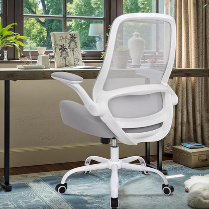 HYLONE Office Chair Ergonomic Desk Chair with Flip up Armrests, 5" Thickened Seat Computer Chair with Mesh Back Home Office Computer Chairs for Long Hours Mesh Executive Chair(White Base & Grey)