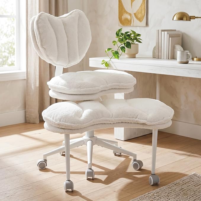 Cross Legged Office Chair with Wheels, 360 Swivel Height-Adjustable Double-Layer Padding Criss Cross Meditation Chair with Lumbar Support, Artificial Rabbit Hair Fabric, Ivory