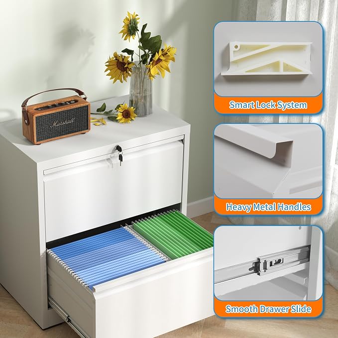 IKIMI Lateral File Cabinets with 2 Drawer,Metal Lateral Filing Cabinet for Home Office,Wide Steel Storage Cabinet Commercial Drawer for Legal/Letter/A4 Size Files Assembly Required