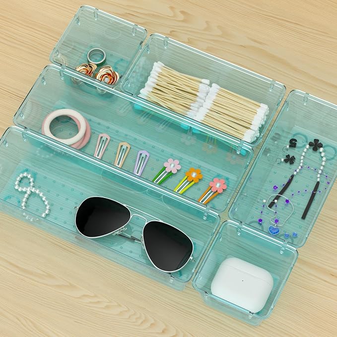 WOWBOX 9 Pack Clear Drawer Organizer Set, Acrylic Drawer Storage Trays, Storage Bins for Makeup, Cosmetics, Jewelries, Utensils, Gadgets, Office, Sea Blue