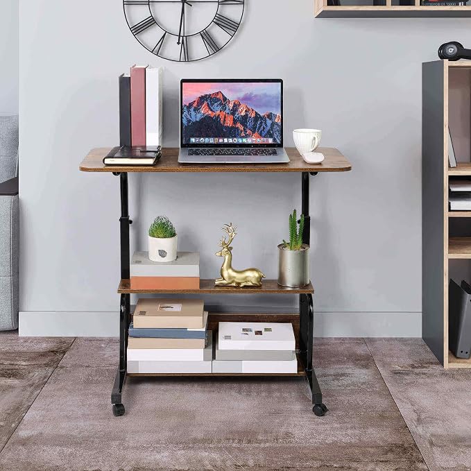 Adjustable Height Mobile Computer Desk for Small Space Rolling Writing with Wheels Corner Home Office Study Portable Desks Standing Desk Rolling Desk Mobile Laptop Table Size 31.5X15.7 Inch Brownish