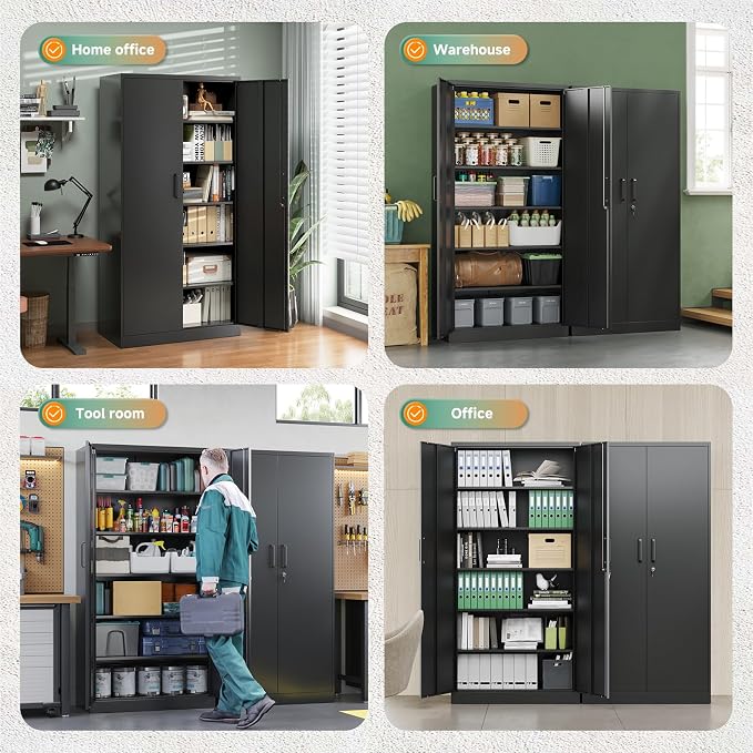 Letaya Metal Garage Storage Cabinets with Lock-72 Tall Tool Organizer Steel Lockers, 5 Adjustable Layers Shelves for Home,Office,Warehouse,Garage,(Black-72“)