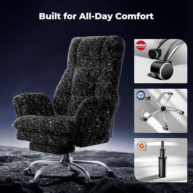 HOMRELEXA Big and Tall Office Chair, Flip Armrests for Pets & Cross Legged Sitting, Executive Ergonomic Computer Gaming Chair with Foot Rest, Gliter Fabric Wide Seat Reclining Desk Chair