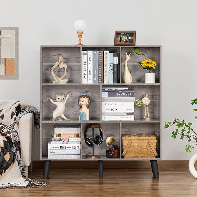 LEYAOYAO 8 Cube Bookshelf,Farmhouse Bookcase with Legs,Modern Dirty Grey Mid-Century Bookshelves,Large 3 Tier Open Storage Organizer Shelf, Retro Wood Display Book Case