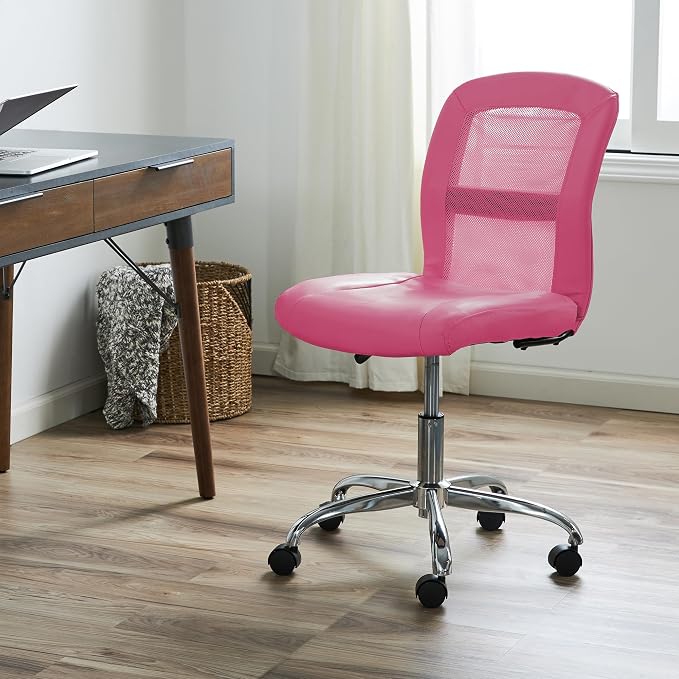 Serta Essential Armless TaskChair, Small Desk Chairs with Wheels, Breathable Mesh Back and Faux Leather, Quality Foam Cushion Seat for Comfort, Minimal Design for Vanity Table, Pink