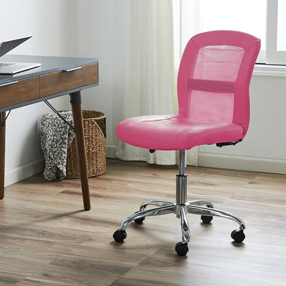 Serta Essential Armless TaskChair, Small Desk Chairs with Wheels, Breathable Mesh Back and Faux Leather, Quality Foam Cushion Seat for Comfort, Minimal Design for Vanity Table, Pink